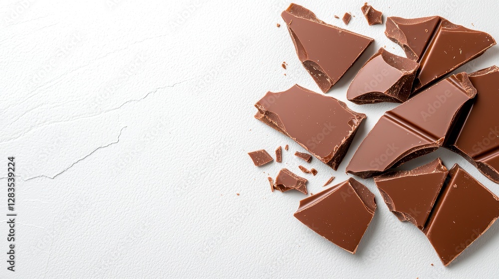 Fototapeta premium A pile of chocolate pieces artfully arranged on a pristine white surface, perfect for culinary photography