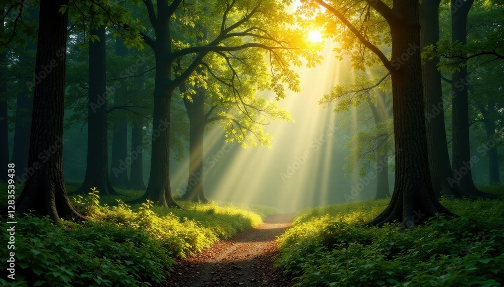 Obraz premium Forest Landscape with Sunlight Filtering Through Trees, filter, forest, trees