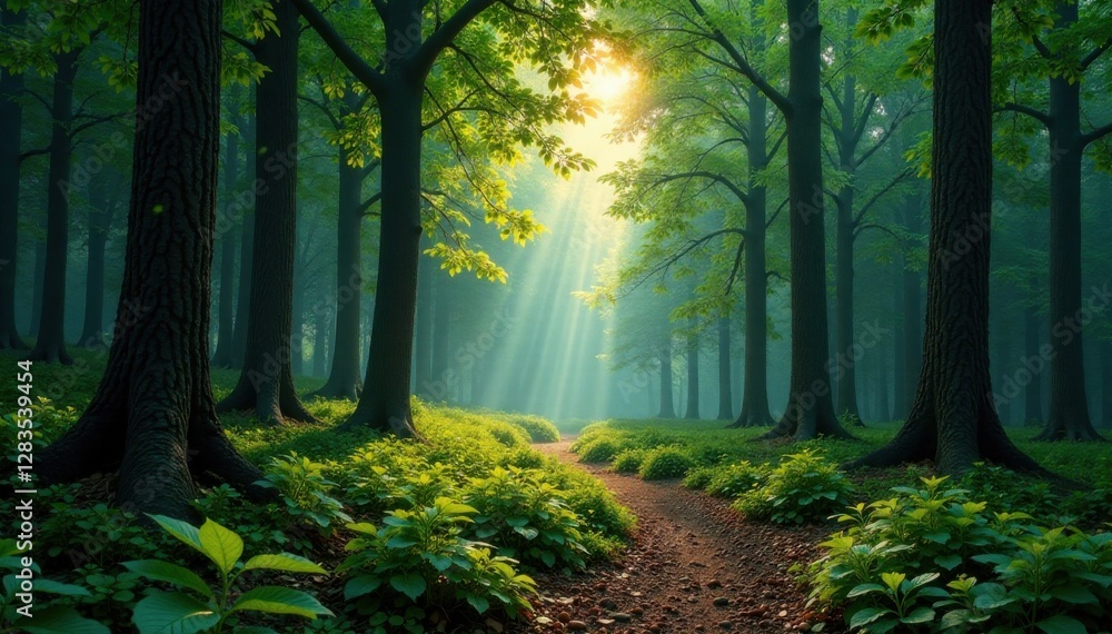 Naklejka premium Forest landscape with tall trees and a winding path, landscape, blue, winding