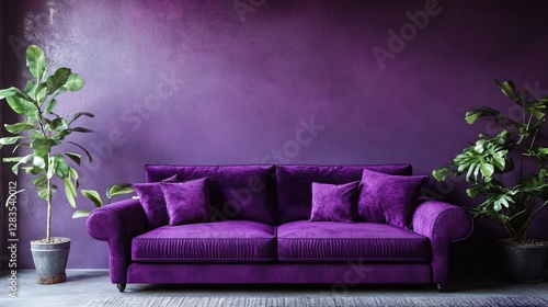 A stylish purple couch complements a dark purple wall, surrounded by lush green plants, creating a chic and vibrant interior space.