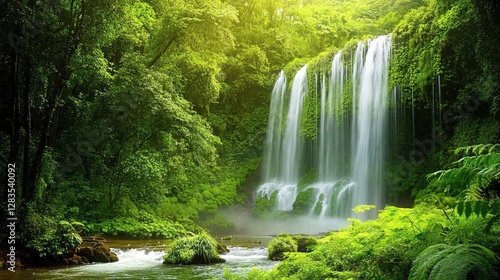 Lush green forest waterfall cascading into a tranquil stream.