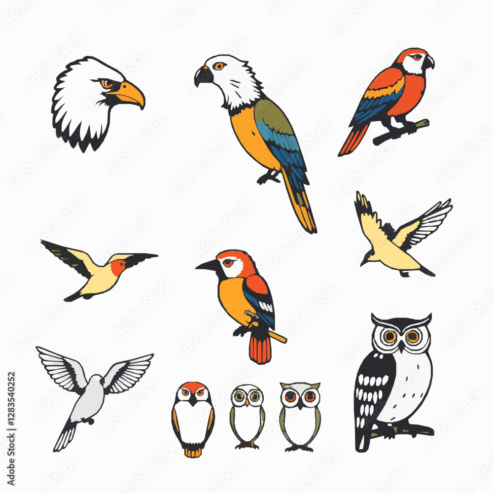 Obraz premium Bird Icon Pack, Eagle, Parrot, Hummingbird, Owl, Wildlife Avian High Quality Vector Illustration