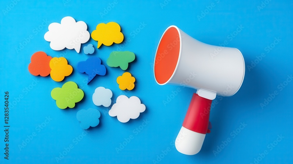 Colorful Speech Bubbles and Megaphone on Blue Background Colorful Speech Bubbles and Megaphone on Blue Background