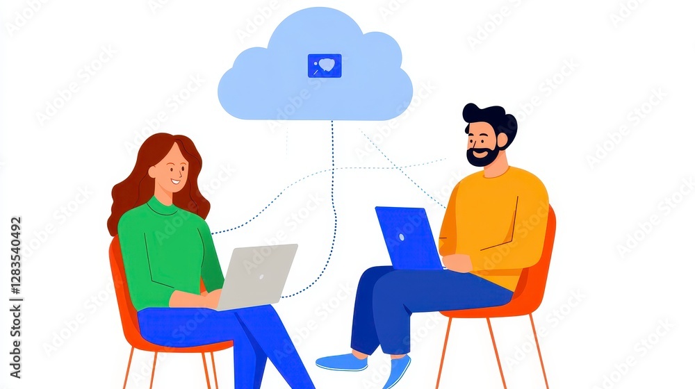 Data Sharing Collaboration Two People Working on Laptops with Cloud Server Data Sharing Collaboration Two People Working on Laptops with Cloud Server