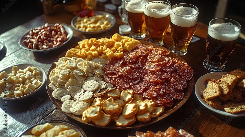 Obraz premium A vibrant spread of assorted meats, cheeses, and snacks, complemented by foamy beers, perfect for sharing and socializing.