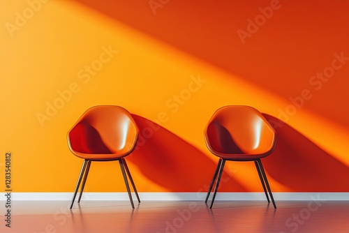 Two modern orange chairs against a vibrant orange wall, casting shadows that enhance the minimalist and stylish interior design.