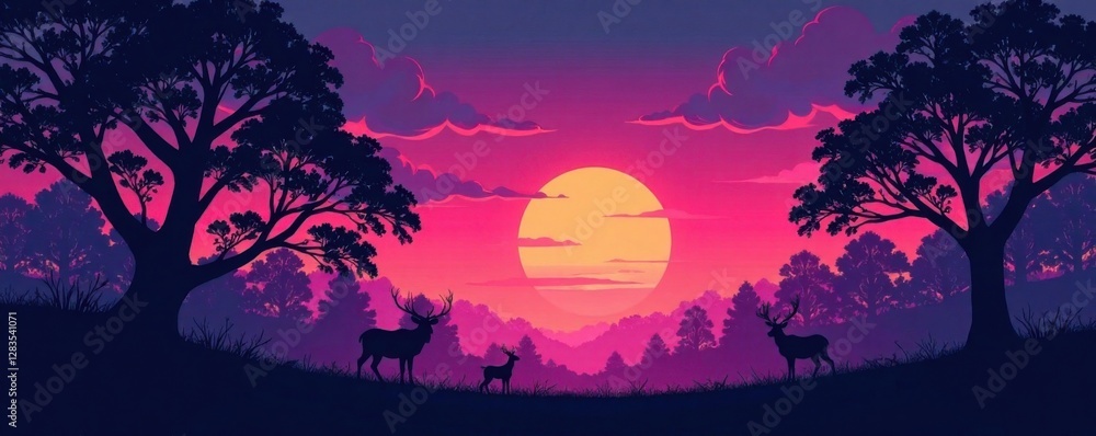 Forest twilight with silhouetted trees and wildlife, landscape, nature, wild Forest twilight with silhouetted trees and wildlife, landscape, nature, wild