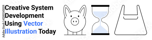 Piggy bank, hourglass, and eco-friendly reusable bag communicating savings, time management, and environmental sustainability. Ideal for finance, environment, time concepts, eco-awareness