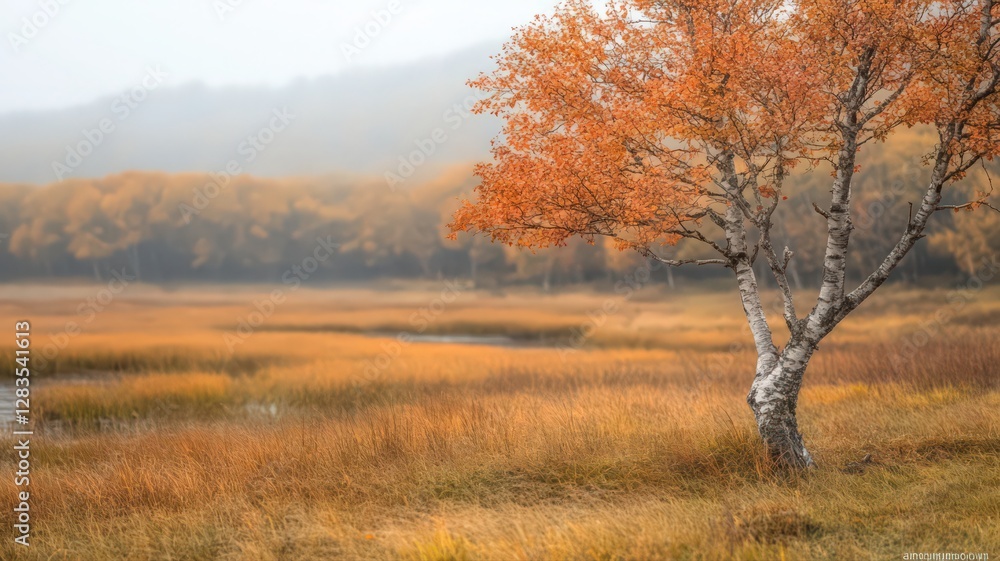 Fototapeta premium Autumnal Landscape: Birch Tree in Misty Field
