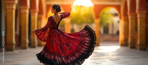 Flamenco dancer, red gown, Spanish courtyard