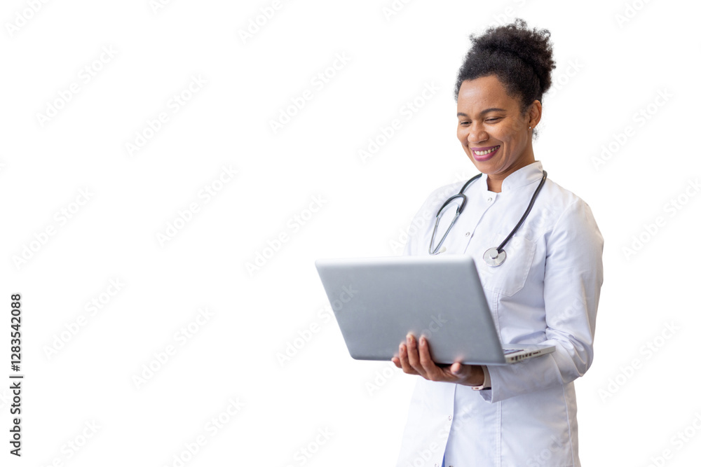 Professional African American doctor typing on a handheld laptop Professional African American doctor typing on a handheld laptop