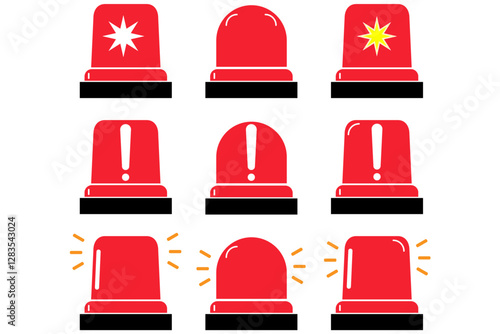 emergency siren flashlight set for ambulance, police and alarms with exclamation hazard, warning symbol, icon, sign, set, security, icons, warning symbol in red colour, ambulance light vector set