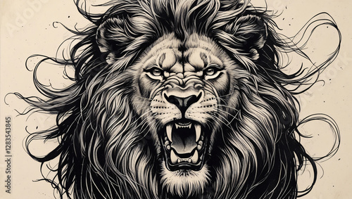 the power and beauty of the lion sketch engraving generative ai raster illustration. Scratch board imitation. Black and white image.