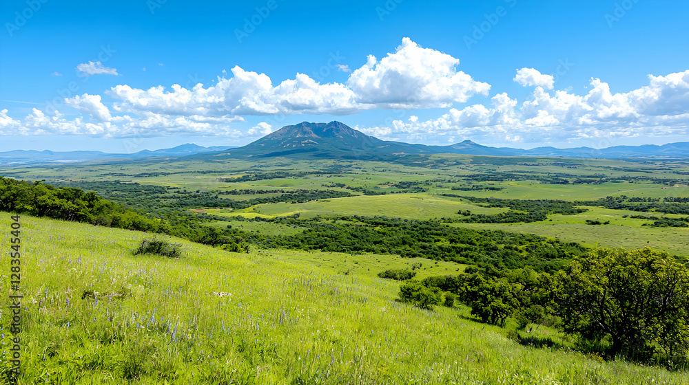 Obraz premium Mountain landscape, grassy hills, blue sky, summer