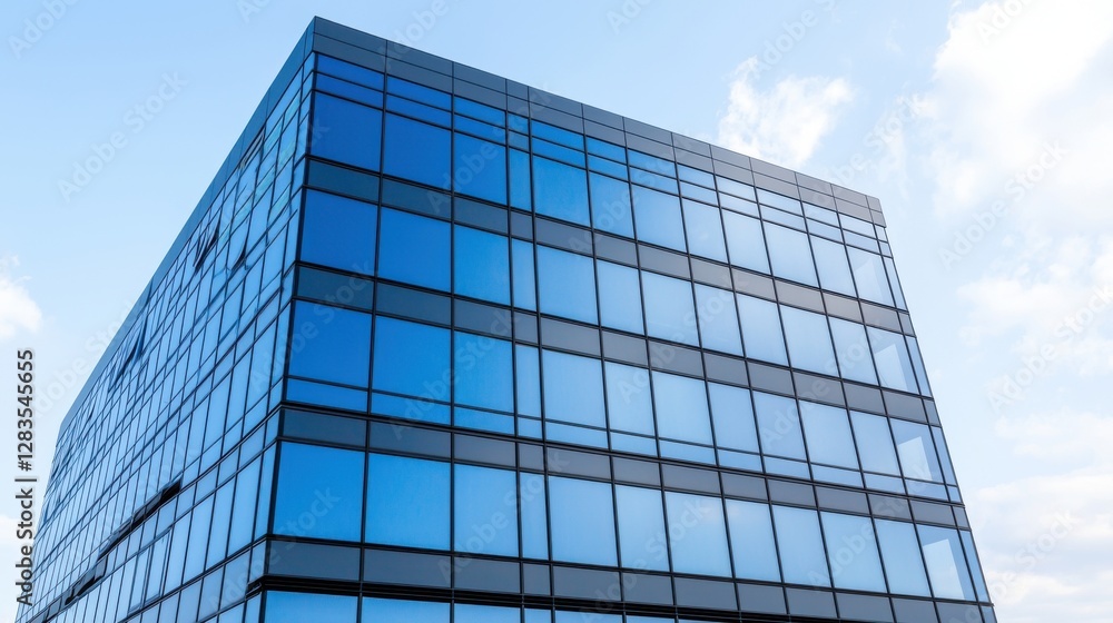 Modern Glass Office Building Exterior, Blue Sky Modern Glass Office Building Exterior, Blue Sky