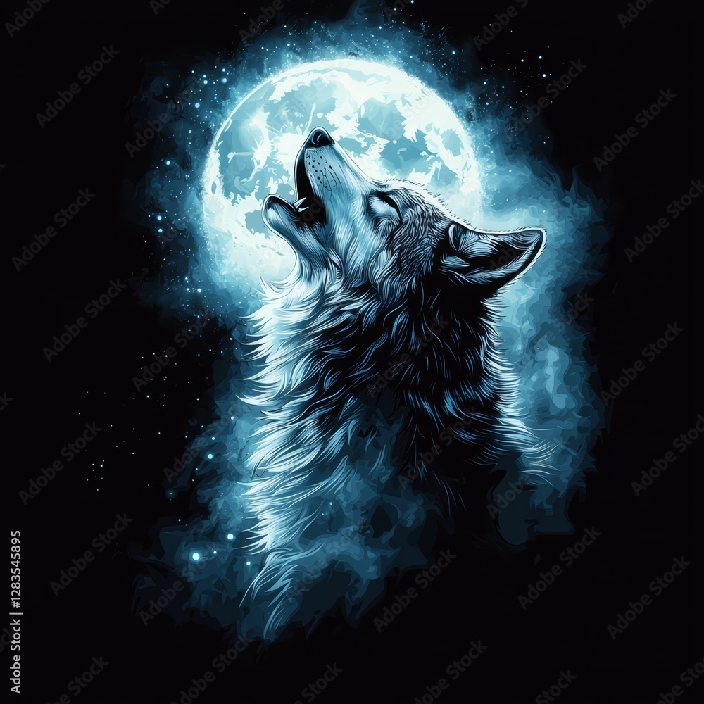 Wolf and the Moon: A majestic wolf howls at the moon under the celestial glow, rendered in stunning detail, creating a mesmerizing contrast of light and shadow in the night sky.