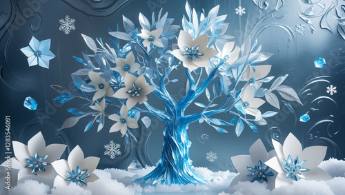 blue tree with white flowers decorates on a blue background. Artistic design with 3d effect. 