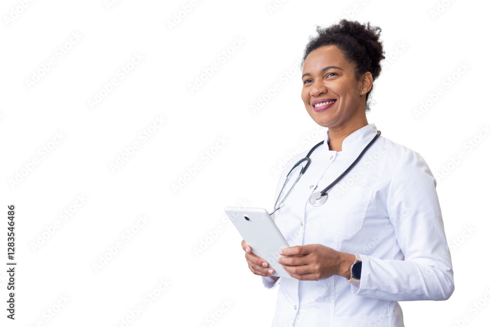 Skilled African American doctor scrolling through medical information on a tablet Skilled African American doctor scrolling through medical information on a tablet