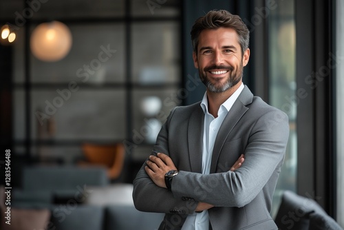 Confident businessman standing in modern office environment