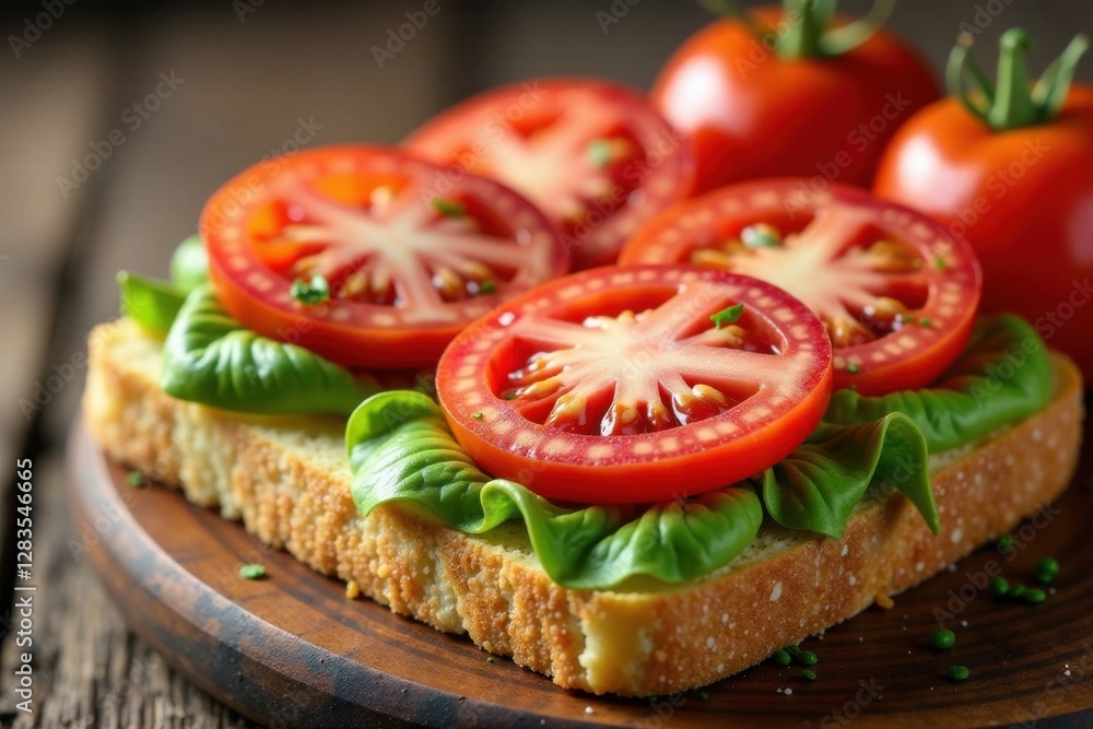Fresh tomatoes slices on crispy bread with mixed chopped vegetables, appetizer, snack, toast Fresh tomatoes slices on crispy bread with mixed chopped vegetables, appetizer, snack, toast