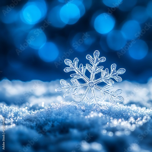 Single Snowflake on Snowy Ground with Blue Bokeh