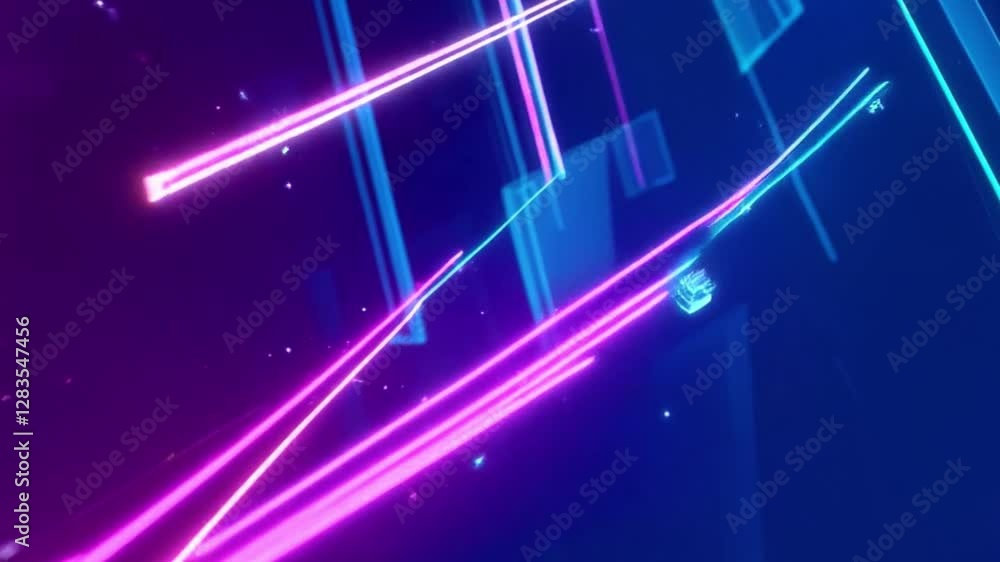 a neon-lit abstract background with blue and pink lines and dots.
