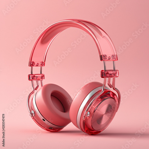 Pink Transparent Headphones on Matching Background, Stylish wireless headphones pastel pink background