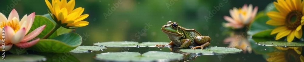 Frog in pond with water lilies and sunflowers , water lilies, greenery, ponds Frog in pond with water lilies and sunflowers , water lilies, greenery, ponds