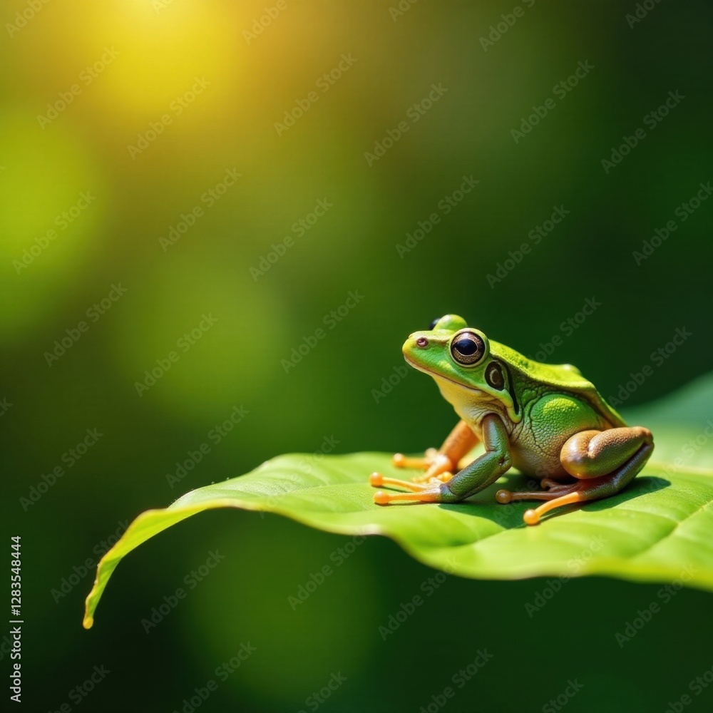 Obraz premium Frog in a sunny garden, soaking up the warm rays on a leaf , leaves, garden, frogs