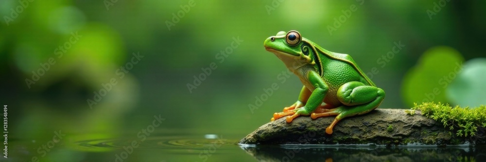 Fototapeta premium Frog in thought, green, sitting on log, tree, forest, green frog
