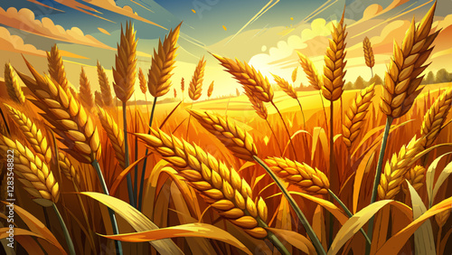 Close up view of golden wheat ears in a sunlit field during harvest season, showcasing nature's bounty.