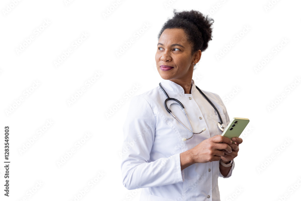 Professional African American doctor browsing medical information on a smartphone Professional African American doctor browsing medical information on a smartphone