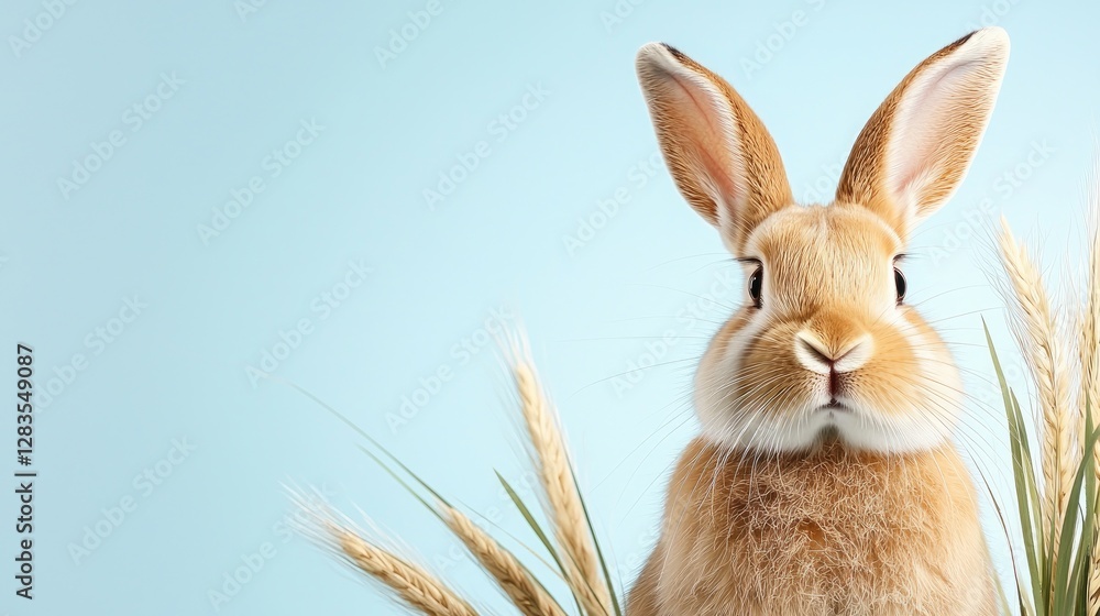 Obraz premium Cute bunny, wheat stalks, blue background, Easter