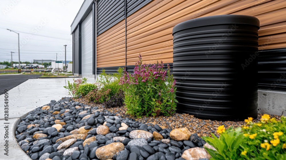 Fototapeta premium Modern Landscaping with Rain Barrel & Stones