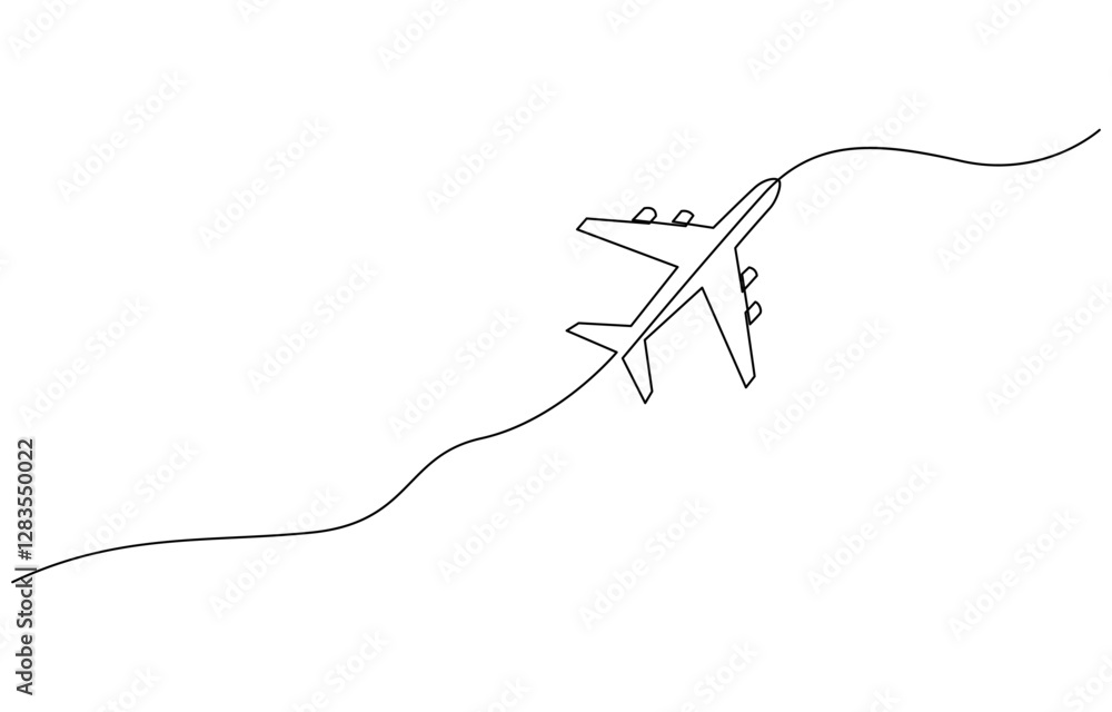 One continuous line drawing of Airplane path. Business Concept of world travel and international flight, Single one line drawing airplane. Continuous line draw design graphic vector illustration. One continuous line drawing of Airplane path. Business Concept of world travel and international flight, Single one line drawing airplane. Continuous line draw design graphic vector illustration.