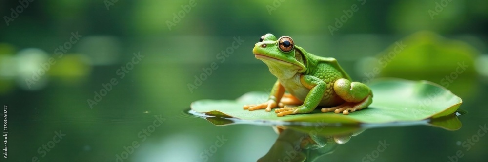 Frog perched on white lily pad floating on a serene lake , peaceful, lake, lily pad Frog perched on white lily pad floating on a serene lake , peaceful, lake, lily pad