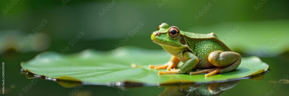 Frog resting on a white lily pad, pond, water, flowers Frog resting on a white lily pad, pond, water, flowers