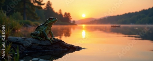 Frog sitting alone on a log in the middle of a serene lake at sunset , sunset, reflection,