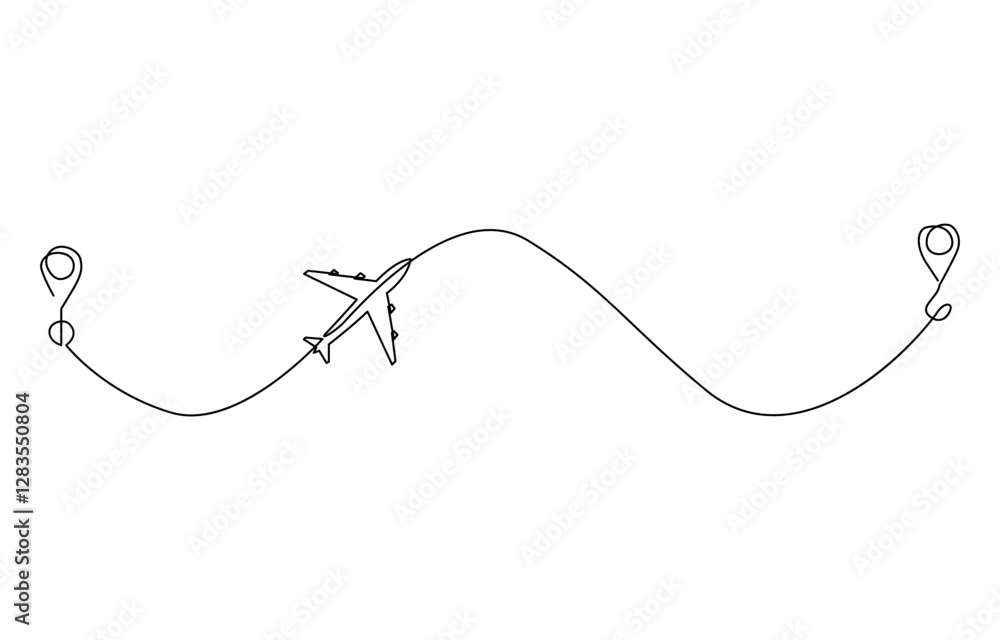 Continuous Line Travel Concept Vector Illustration, Continuous line drawing of airplane, Path with location pins. Distance from one point to another in doodle style. Continuous Line Travel Concept Vector Illustration, Continuous line drawing of airplane, Path with location pins. Distance from one point to another in doodle style.