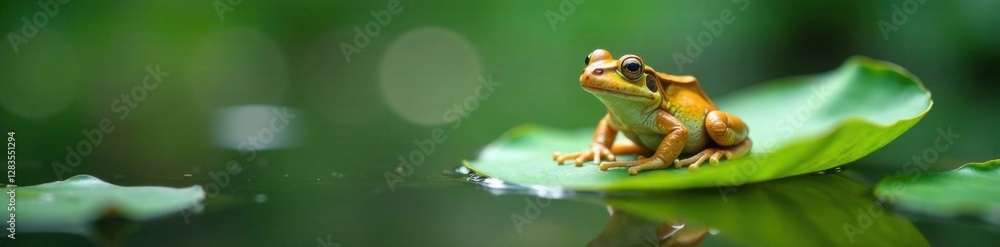 Fototapeta premium Frog sitting on a leaf floating on the surface of a lake, water, lake, reflection
