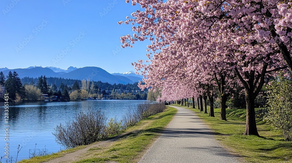 Cherry blossom trees line a peaceful path, inviting tranquil strolls amidst their beauty. Cherry blossom trees line a peaceful path, inviting tranquil strolls amidst their beauty.