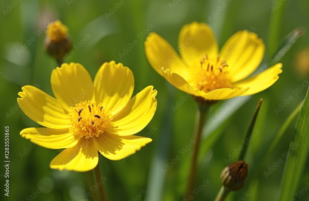 Closeup shot of bright yellow meadow buttercups with green grass background. Ranunculus acris flowers in garden. Spring blossom of floral petals. Sunny vibrant flowers in daylight create beautiful Closeup shot of bright yellow meadow buttercups with green grass background. Ranunculus acris flowers in garden. Spring blossom of floral petals. Sunny vibrant flowers in daylight create beautiful