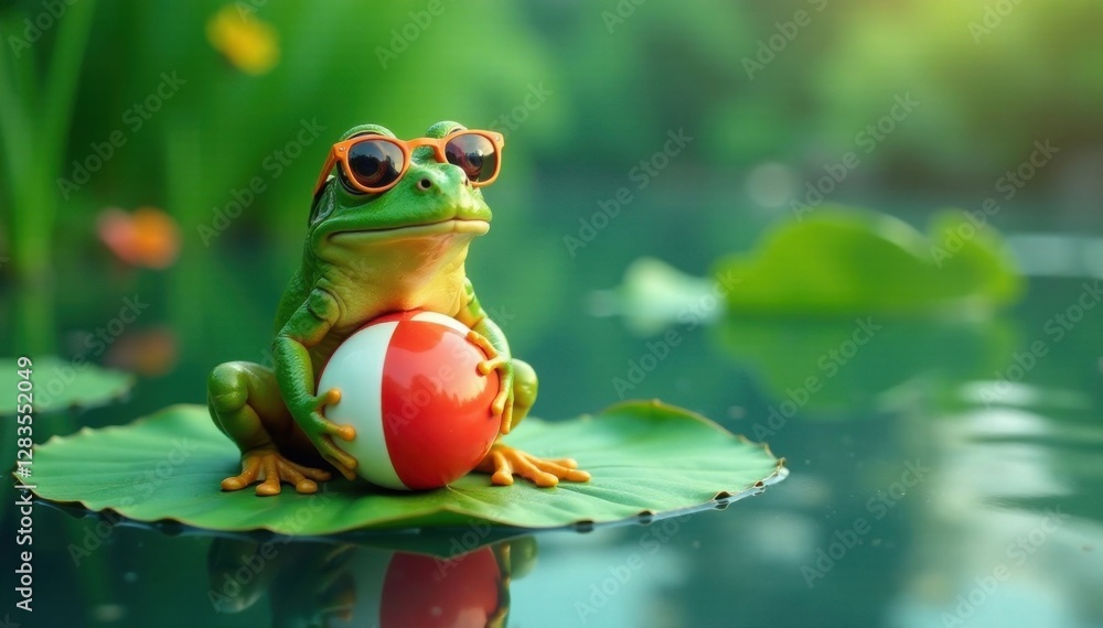 Obraz premium Frog sitting on a lily pad in the water with sunglasses and a beach ball, water, outdoor relaxation, frog relaxation