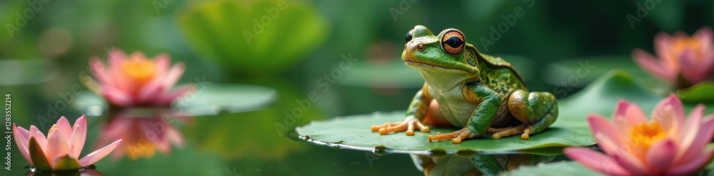 Fototapeta premium Frog sitting on a lily pad surrounded by flowers, green, water, frog