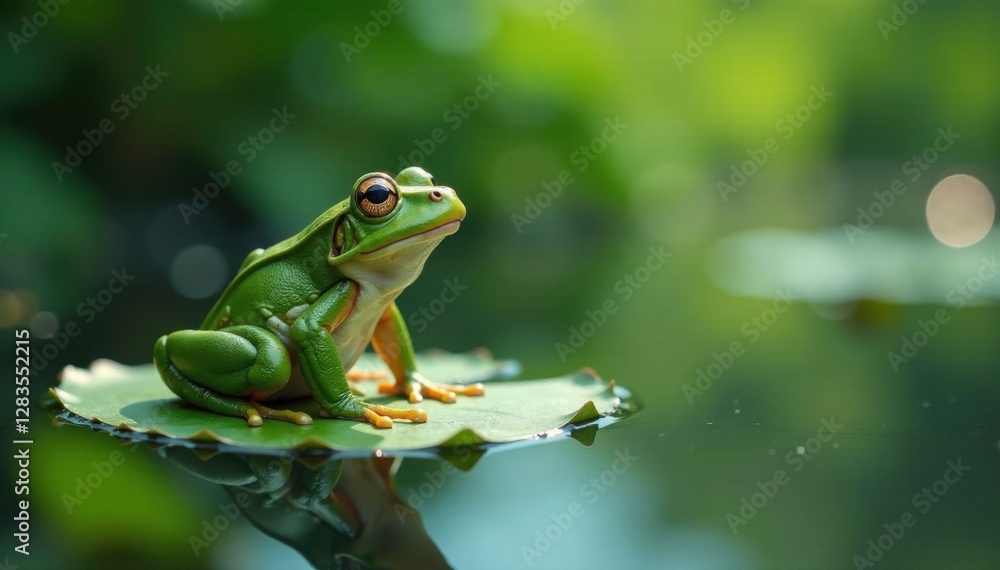 Frog sitting on a lily pad, serenity, pond, greenery Frog sitting on a lily pad, serenity, pond, greenery