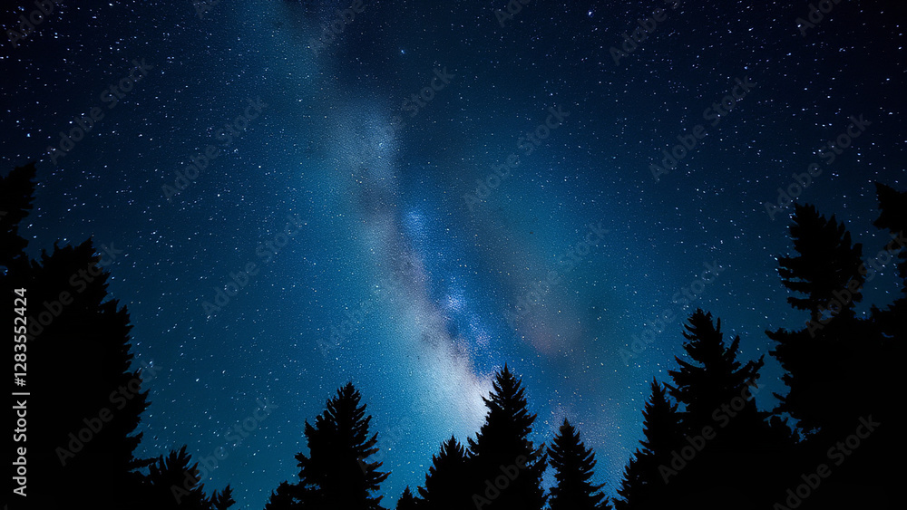 Naklejka premium Celestial Canopy: A Breathtaking Starscape Blanketing a Serene Woodland
