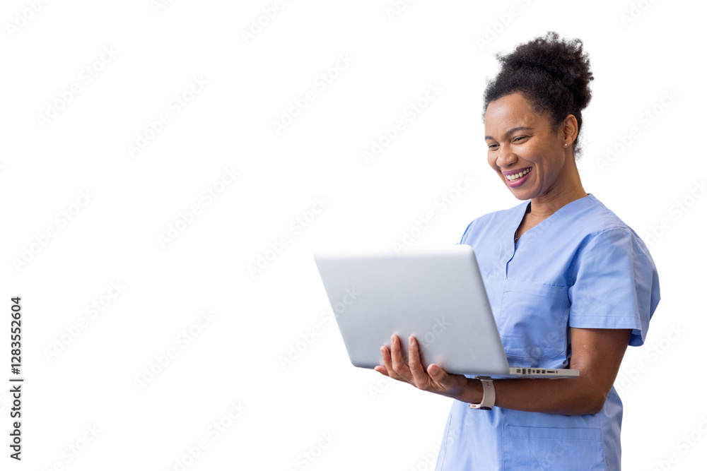 Professional nurse typing on a handheld laptop Professional nurse typing on a handheld laptop