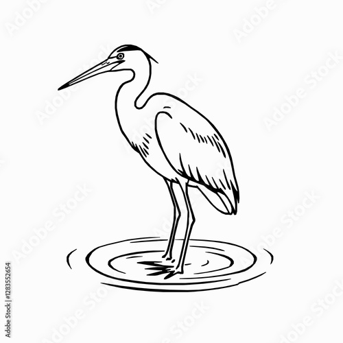 Heron Outline Icon, Black Stroke, Editable Vector, Wetlands Bird Illustration