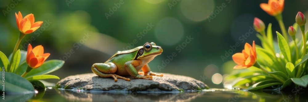 frog sitting on a rock with flowers, nature, cartoon, peaceful frog sitting on a rock with flowers, nature, cartoon, peaceful