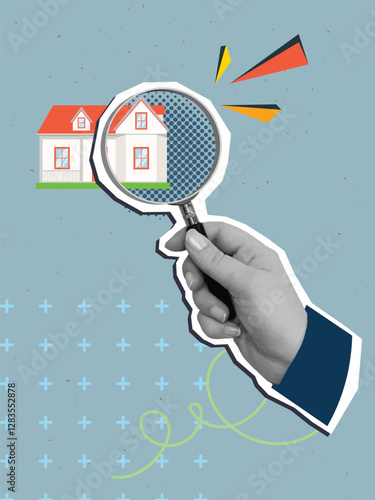 Hand with a magnifying glass look at the house. Modern collage style. Vector illustration